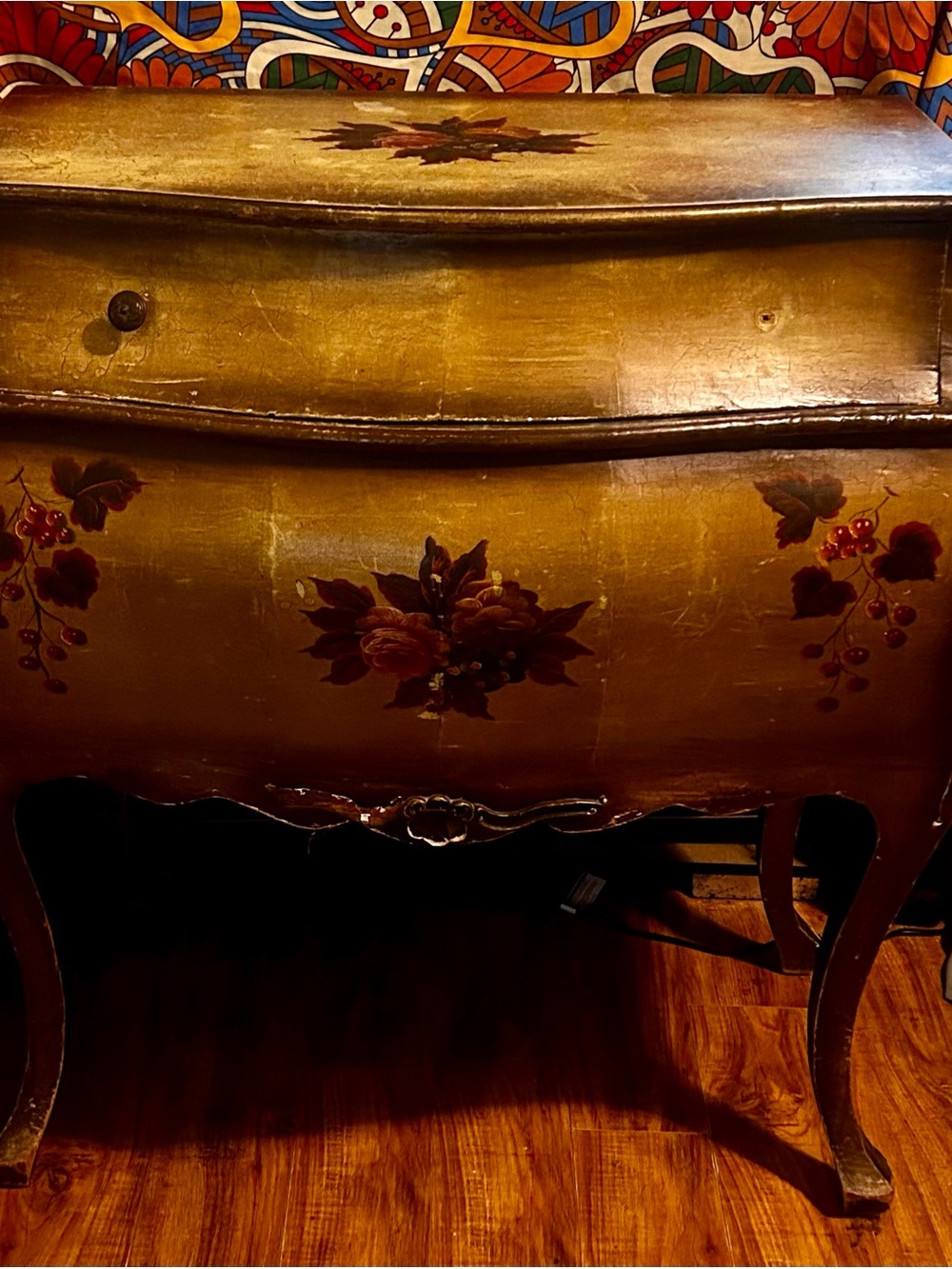 Hand-Painted Gold Floral Bombe Chest - Decorative Home Accent